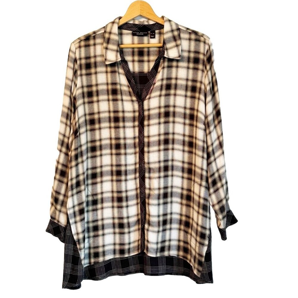 Susan Graver Beige Mixed Plaid Tunic Top Women’s XLP Pockets Preppy Quiet Luxury